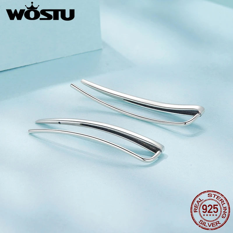WOSTU Geometric earrings For Women 925 Sterling Silver Curved Long Stud Earrings Thin Minimalist Bar Ear Cuff Crawler Earrings