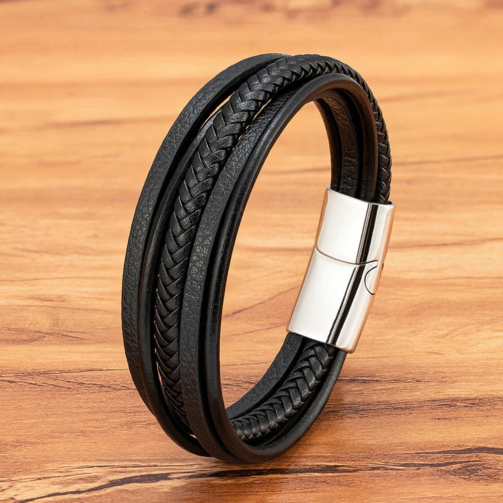 TYO Minimalist Men Bracelet 6 Colors Leather Multi-layer Stainless Steel Magnetic Clasp Accessories Simple Jewelry Bangle Gift