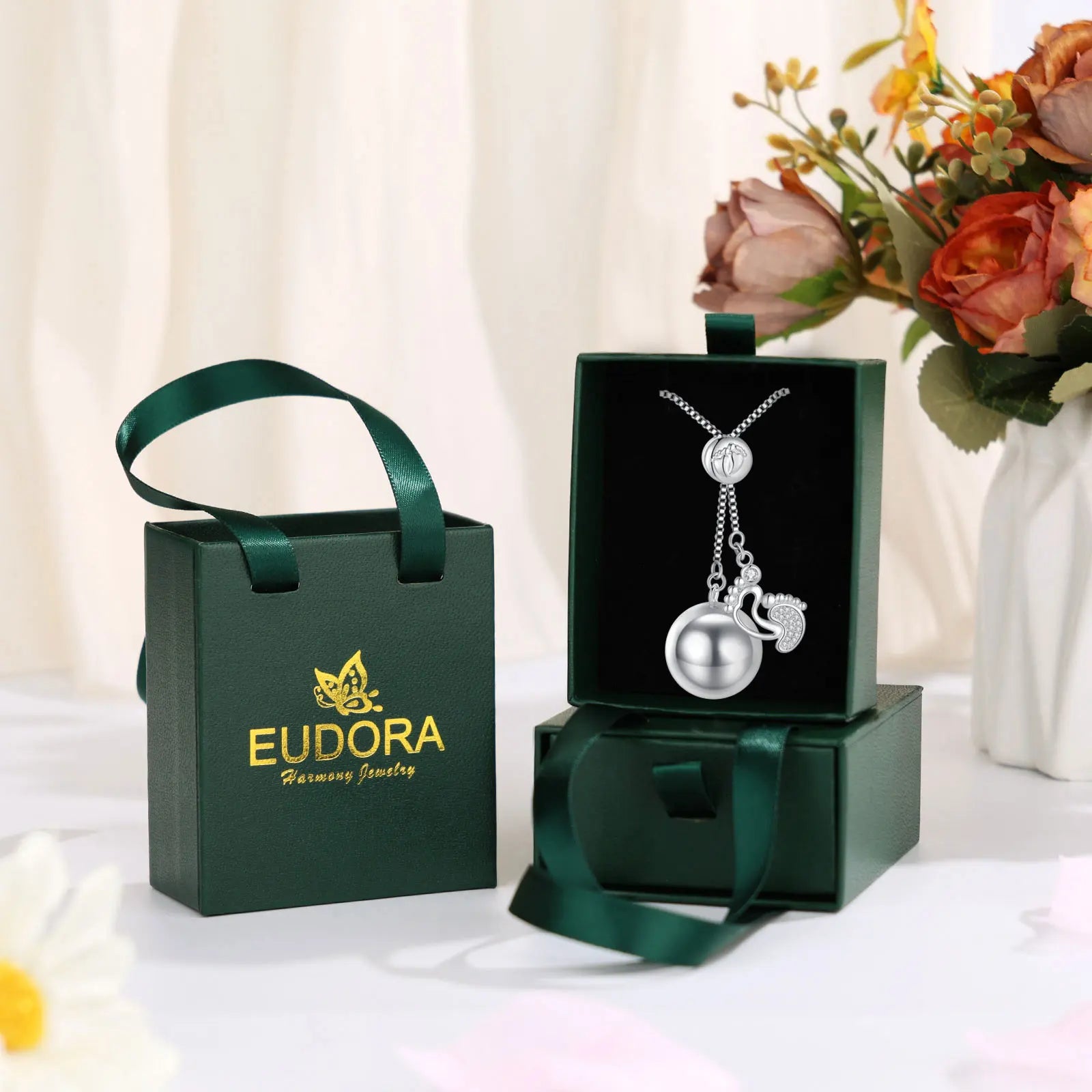 Eudora Bola de Grossesse Baby Footprint Pendant Harmony Ball Baby Chime Ball Angel Caller Necklace DIY Maternity Jewelry Women