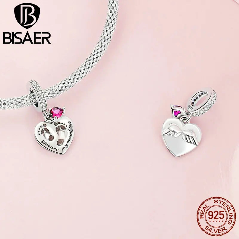 BISAER Pendentif en forme de cœur en argent sterling 925 avec breloque en forme de rose rouge pour la fête des mères, bracelet, collier, bijoux fins à faire soi-même, cadeau