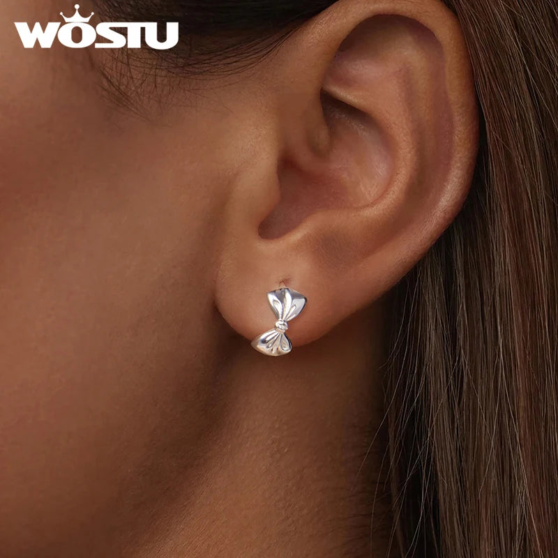 WOSTU 925 Sterling Silver Classical Bowknot Hoop Earrings For Women Sweet 18K Gold Bow Knot Ear Hoops Buckles Girl Birthday Gift