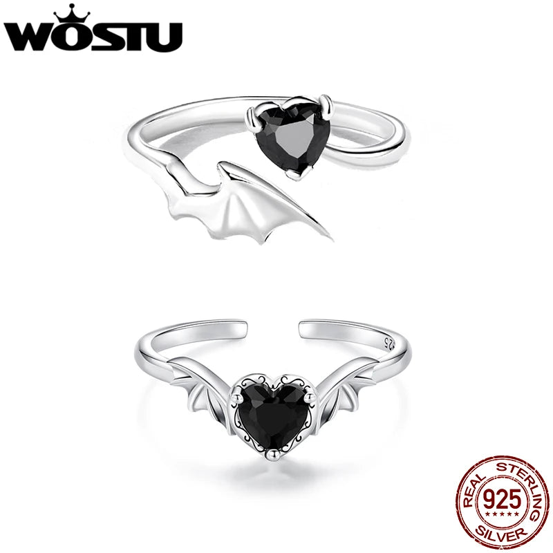 WOSTU 925 Sterling Silver Black Heart Zircon Open Ring For Womem Retro Devil Wing Rings Punk Jewelry Girl Party Birthday Gift
