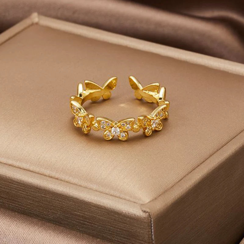 Luxury Gold Color Pearl Zircon Rings for Woman Simple Hollow Heart Cross Opening Joint Ring Wedding Party Elegant Jewelry Gifts