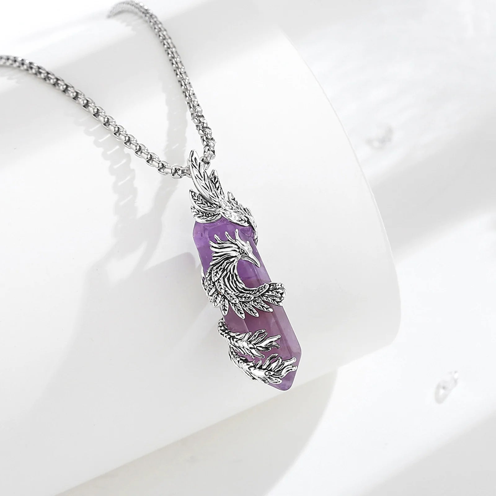 Collier prismatique hexagonal en améthyste Eudora Phoenix Twining, pendentif en cristal de pierre de guérison naturelle, bijoux spirituels, cadeau pour femme