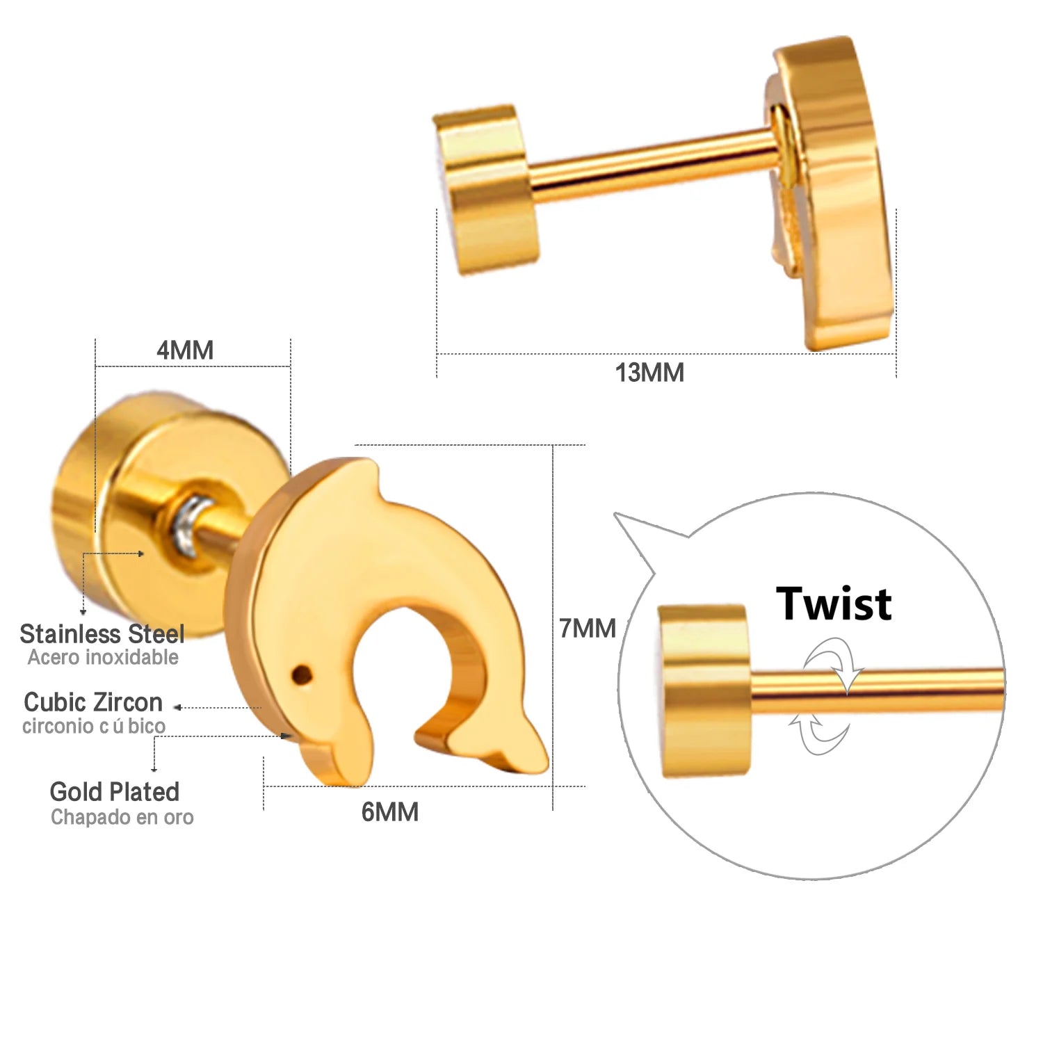 LUXUKISSKIDS Classic Stainless Steel Earrings Dolphin Stud Piercing For Woman/Girls Screw-back Pack Gold Plated Fashion Jewelry