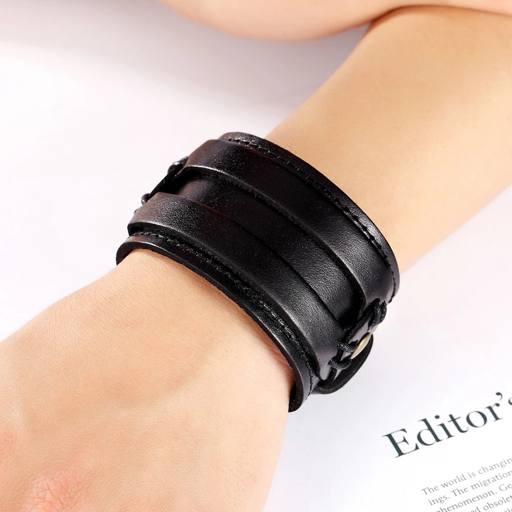 TYO High Quality Black Brown Leather Bracelet Stainless Steel Double Safety Clasps Bandage Design Men Bangles Male Birthday Gift
