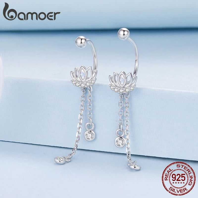 BAMOER 925 Sterling Silver Lotus Tassel Stud Earrings Teardrop Beads Link Hook Earrings for Women Teens Elegant Jewelry Decor
