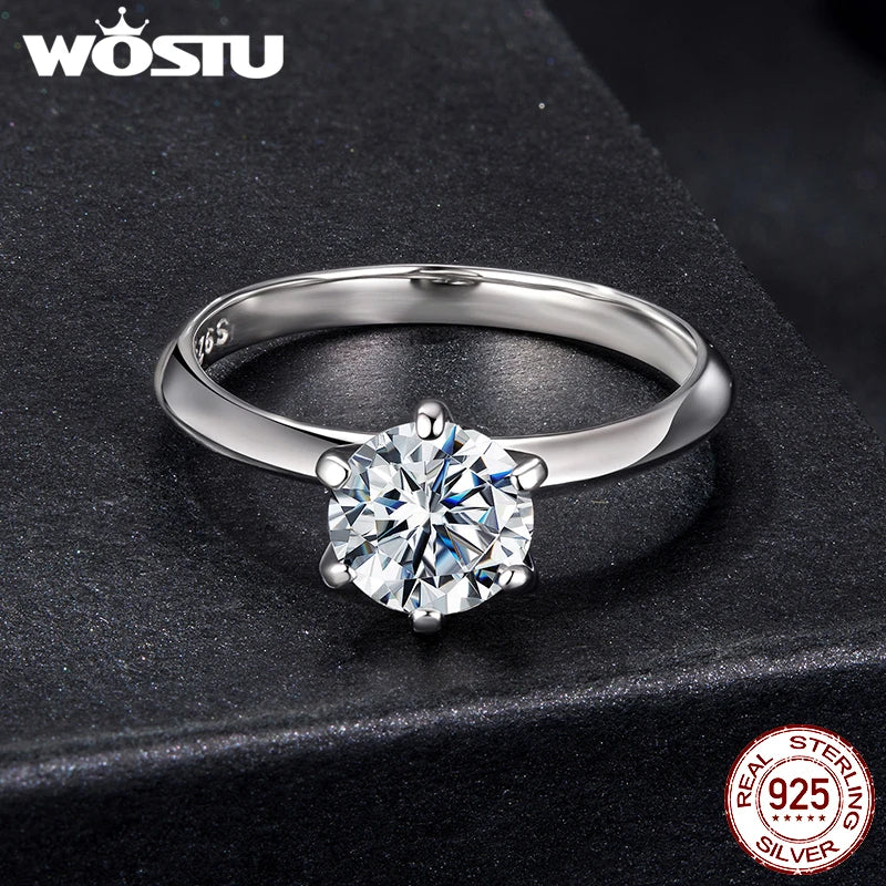 WOSTU 1 CT Moissanite Solitaire Engagement Ring for Women 925 Silver Classic Wedding Promise Ring Statement Jewelry Lover Gift
