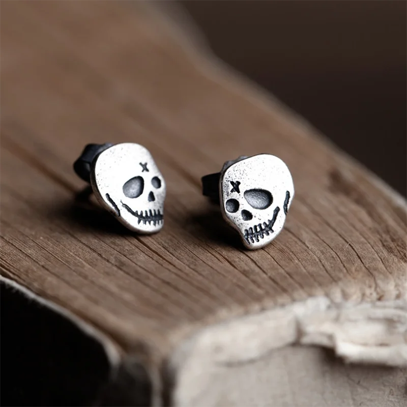 MKENDN Real 925 Sterling Silver Creative Retro Skull Stud Earring Trendy Street Gothic Punk Style For Men Women Fine Jewelry