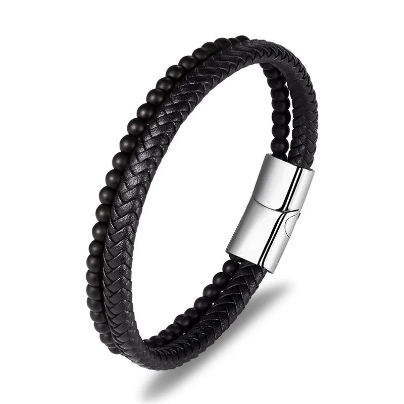 MKENDN Multicolor Natural Stone Classic Stainless Steel Men's Leather Bracelet 19/21/23 cm Choose Handsome Men's Christmas Gift