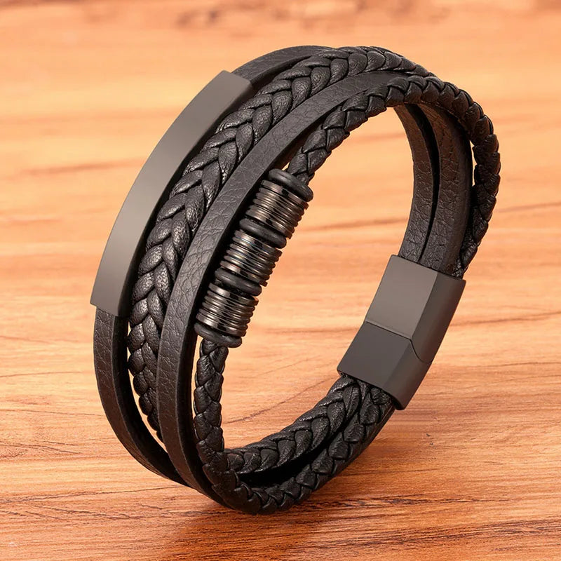 Bracelet TYO neuf en acier inoxydable noir multicouche en cuir véritable pour homme, fermoir magnétique, style vintage tressé