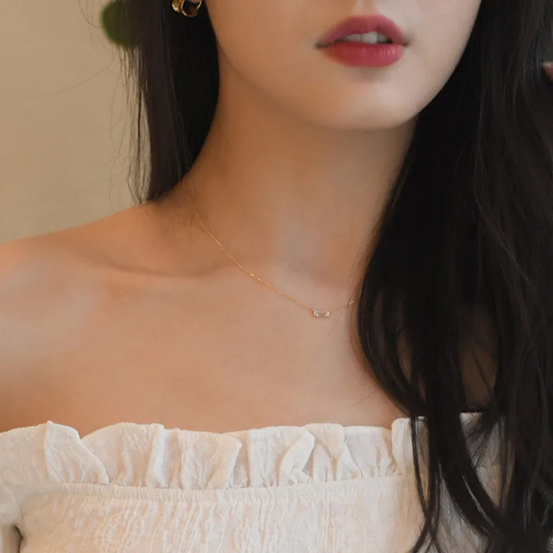 925 Sterling Silber Französisch Einfache Quadratische Kristall Anhänger Schlüsselbein Kette Halskette Frauen Klassische Beschichtung 14k Gold Schmuck Geschenk