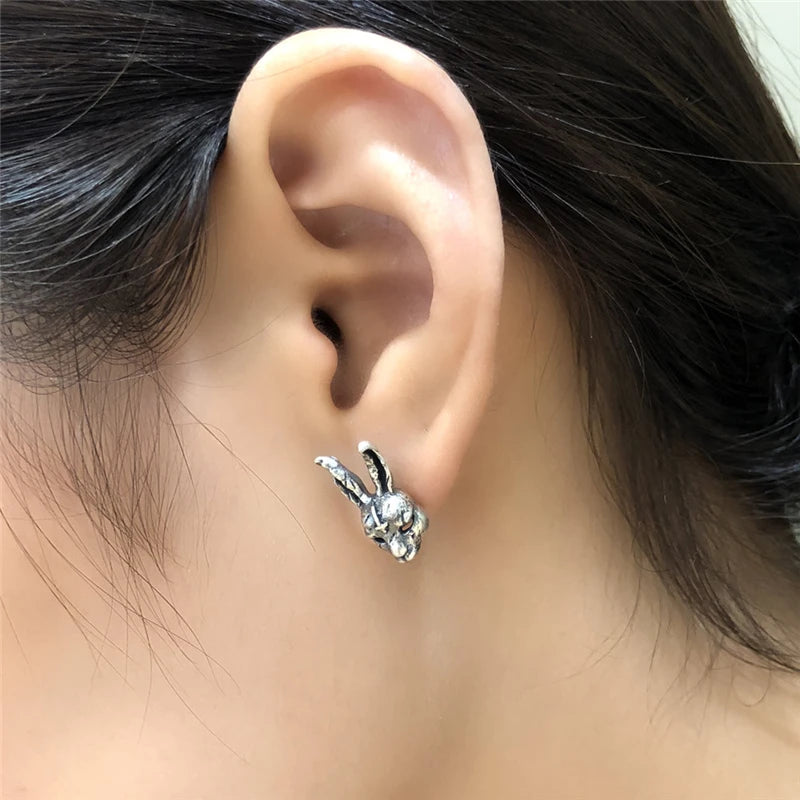 MKENDN Gothic Style Creative Vintage Cross Bunny Stud Earring Cute Rubbit 925 Sterling Silver Retro Punk Ear Jewelry