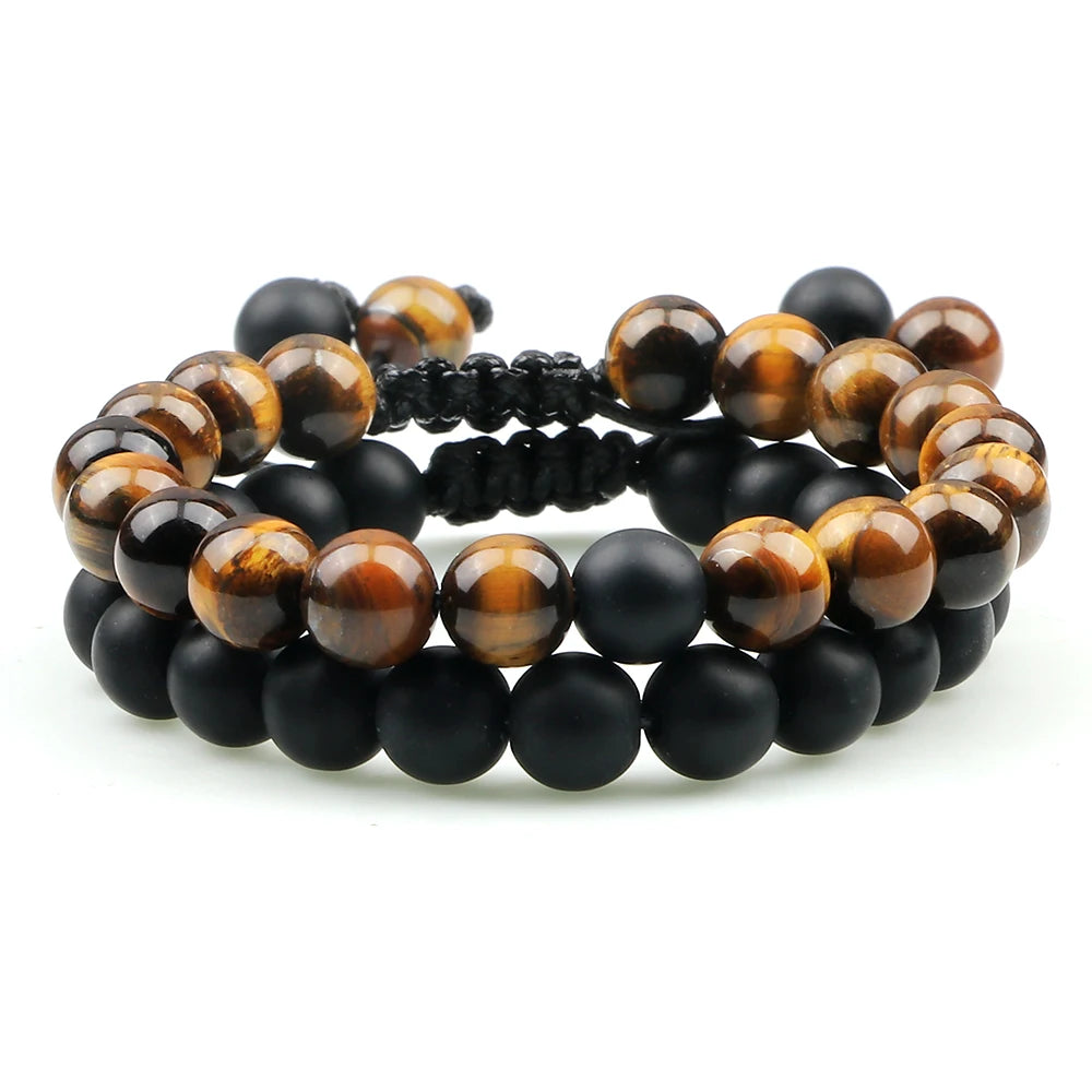 2Pcs Adjustable Braided Natural Stone Beads Bracelets&Bangles For Couples Women Men Tiger Eye Lava Bracelet Yoga Jewelry Pulsera