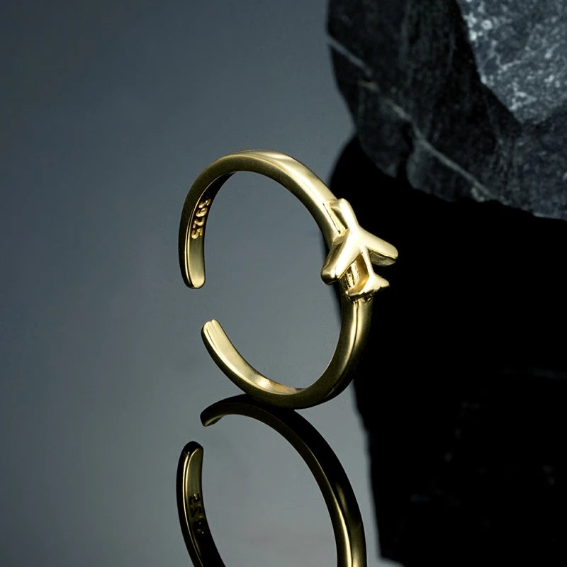 Real 925 Sterling Silver Airplane Couple Ring For Women Men Pilot & Flight Open Ring Engagement Wedding Set Aviation Lover Gift