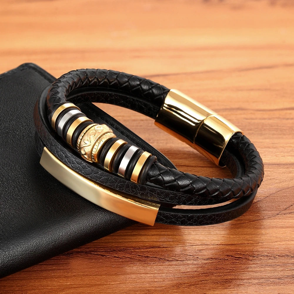 TYO Bracelet for Men Multilayer Genuine Leather Bangles Magnetic Clasp Cowhide Braided Multi Layer Wrap Trendy Bracelet Armband