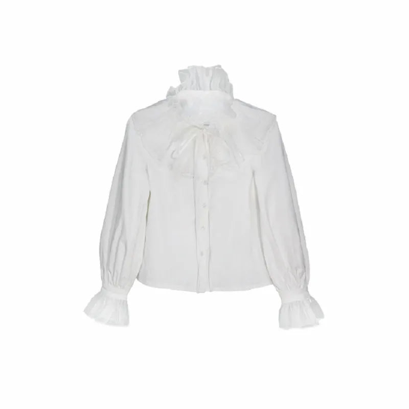 Autumn French Style Vintage Women Two Piece Set Court White Stand Collar Blouse Shirt+High Waist Lace-up Suspender Dress Suits