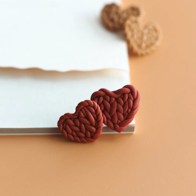 Leaves Heart Earthy Colors Arch Natural Handmade Polymer Clay Braided Pattern Earrings Dangle Sets Women Jewelry Holiday Wear