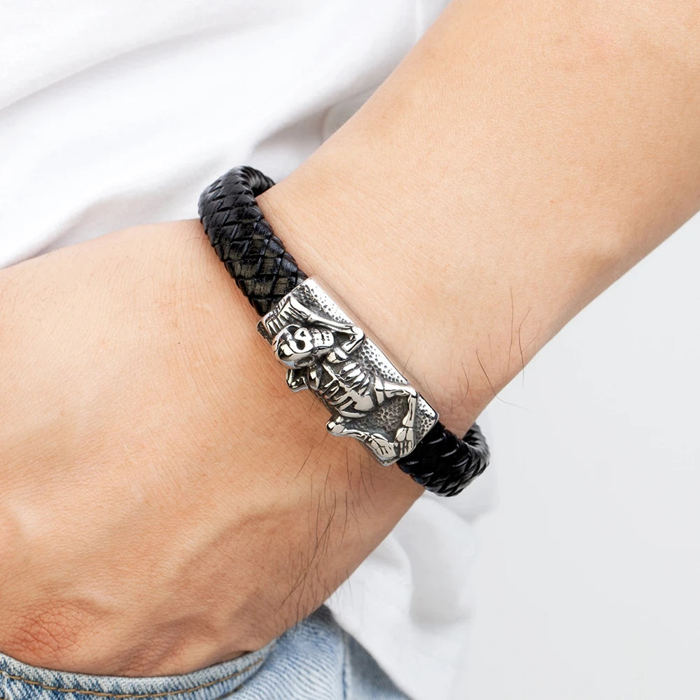 Bracelets et joncs en cuir pour hommes TYO Cool Style, motif crâne, hibou, scorpion et serpent, tressés en acier inoxydable, parfaits pour Halloween