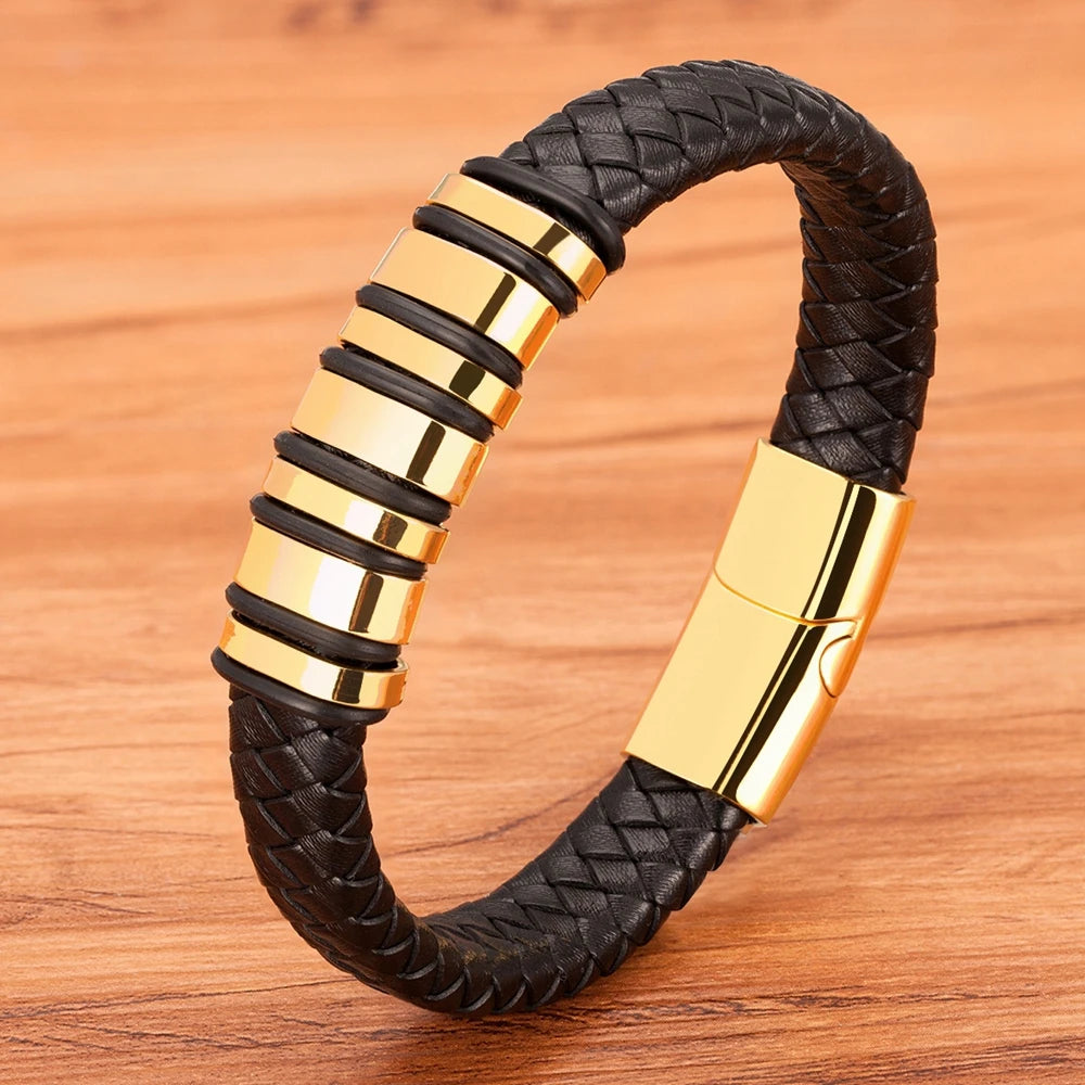 TYO New Fashion Braided Wrap Rope Black Leather Bracelets For Men Simple Stainless Steel Charm Vintage Bangles Jewelry Gift