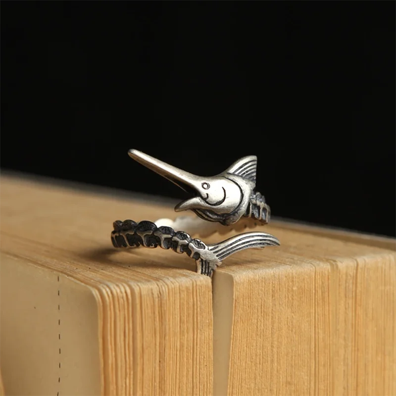 MKENDN Men Women Retro Personality Gothic Old Man And The Sea Marlin Fish Open Ring Genuine 925 Sterling Silver Jewelry