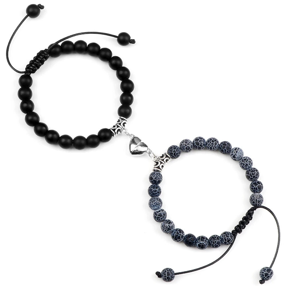Hot Couple Distance Bracelets 2pcs/set Natural Stone Beads Braided Bracelet Lovers Heart Magnet Adjustable Bangle Friend Jewelry