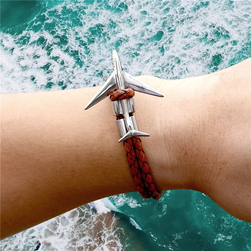 MKENDN Titanium Stainless Steel Airplane Anchor Bracelets Men Multilayer Braid Genuine Leather Bracelet Women Friendship Gifts