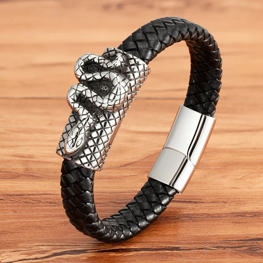 Bracelets et joncs en cuir pour hommes TYO Cool Style, motif crâne, hibou, scorpion et serpent, tressés en acier inoxydable, parfaits pour Halloween