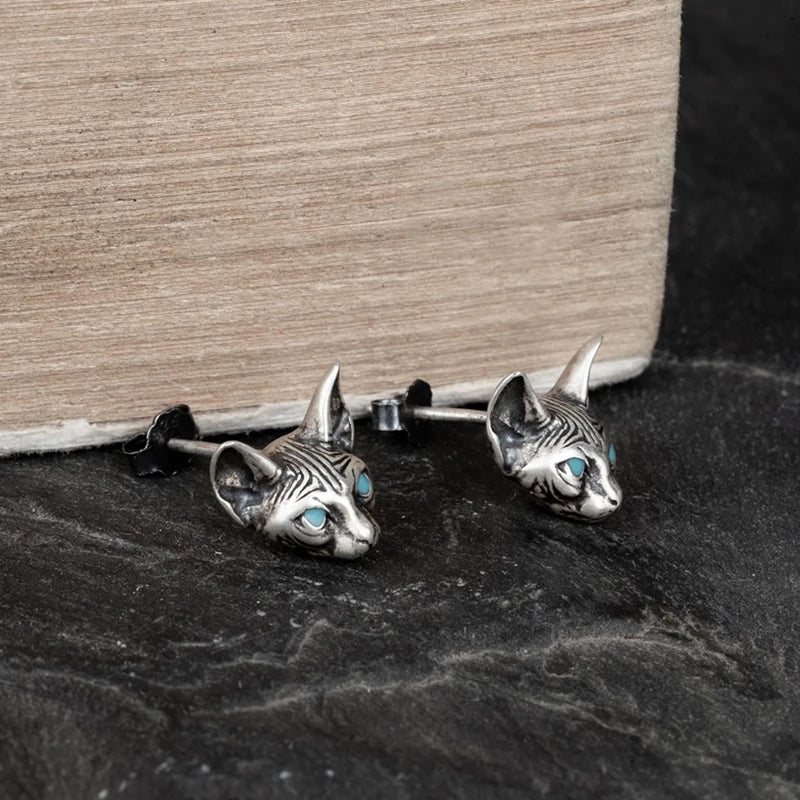 MKENDN Ohrstecker mit blauäugiger Sphynx-Katze, Meditations- und Yoga-Motiv, für Damen und Herren, Sterlingsilber 925, antiallergischer Schmuck