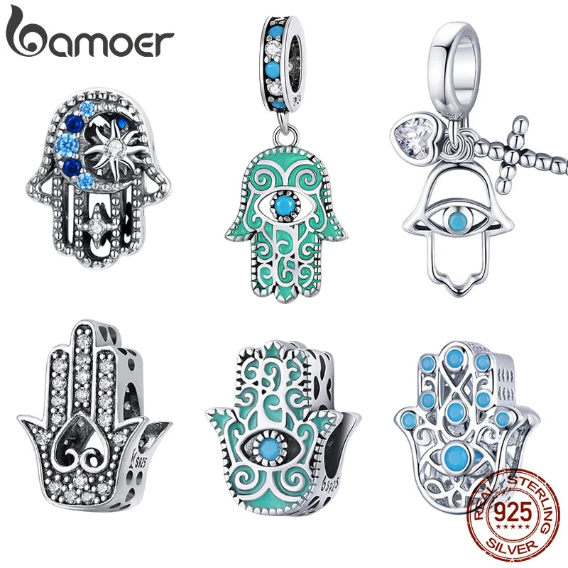 BAMOER 925 Sterling Silver Hand of Fatima Pendant Hamsa Hand Green Guard Hand Charm fit Original Bracelet Women DIY Fine Jewelry