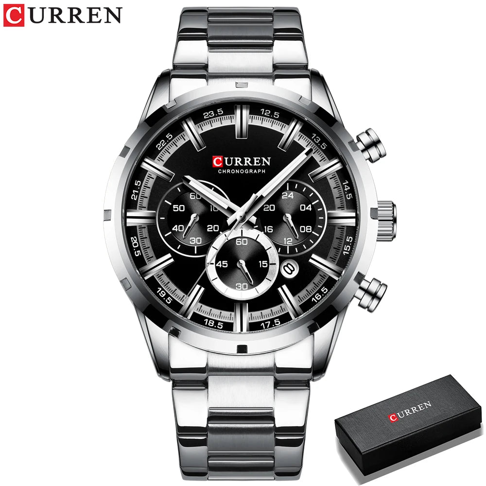 CURREN Top Brand Military Quartz Watches Silver Blue Mens Stainless Steel Chronograph Wristwatch for Male Casual Sporty Clocks
