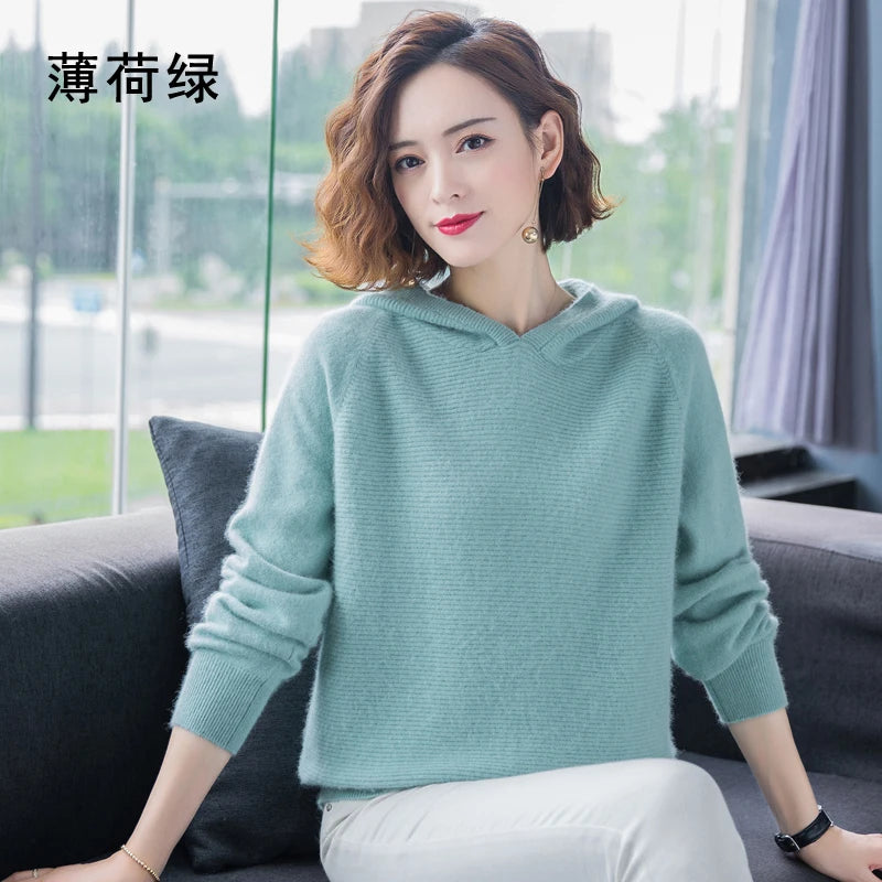 2025 Spring Winter 100%Pure Mink Cashmere Sweater Women Knitted Hooded Warm Lady's Grade Up Jumpers and Pullovers Soft Warm Tops