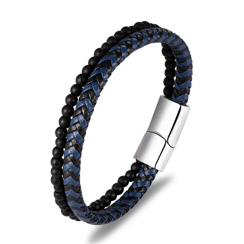 MKENDN Multicolor Natural Stone Classic Stainless Steel Men's Leather Bracelet 19/21/23 cm Choose Handsome Men's Christmas Gift