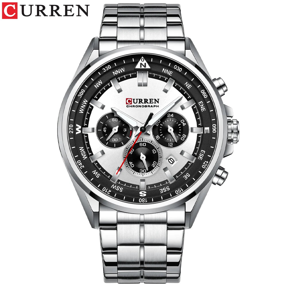 CURREN Luxury Brand Watches for Men Casual Sporty Quartz Wristwatch with 316 Stainless Steel Band Chronograph Clock Male Silver