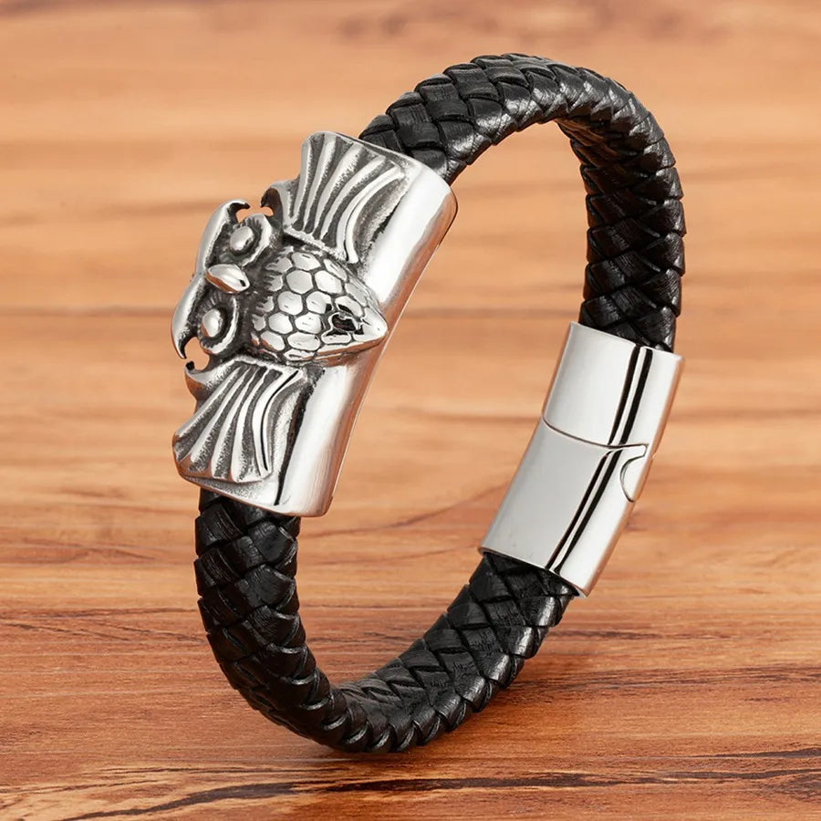 Bracelets et joncs en cuir pour hommes TYO Cool Style, motif crâne, hibou, scorpion et serpent, tressés en acier inoxydable, parfaits pour Halloween
