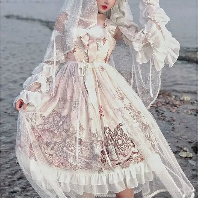 Japanese Gothic Jsk Lolita Dress Women Vintage Victorian Sleeveless Bow Princess Tea Party Dresses Girls Chic Print Lolita Dress