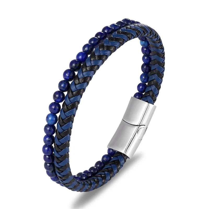 MKENDN Multicolor Natural Stone Classic Stainless Steel Men's Leather Bracelet 19/21/23 cm Choose Handsome Men's Christmas Gift