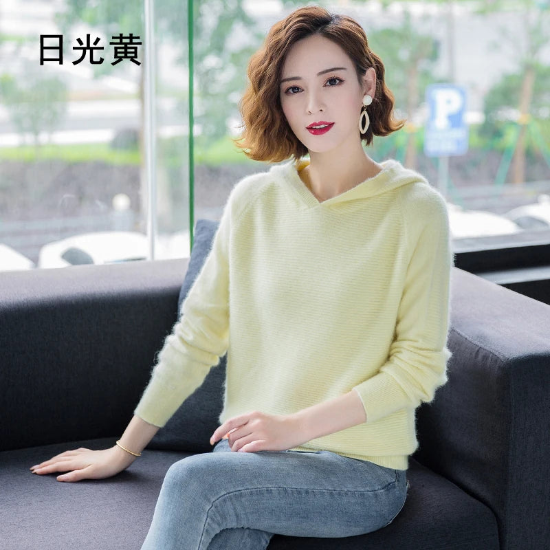 2025 Spring Winter 100%Pure Mink Cashmere Sweater Women Knitted Hooded Warm Lady's Grade Up Jumpers and Pullovers Soft Warm Tops
