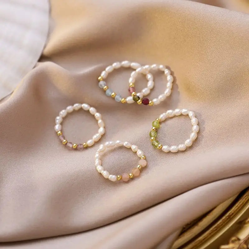 New Retro Crystal Beaded Rings Natural Freshwater Pearl Geometric Ring for Women Korean Minimalist Girl Party Jewelry Gift