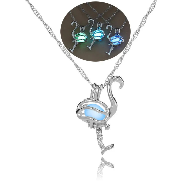 Glow in The Dark Locket necklace For Women Gun skull Heart mermaid Cross tortoise Glowing beads cage pendant Fashion Jewelry