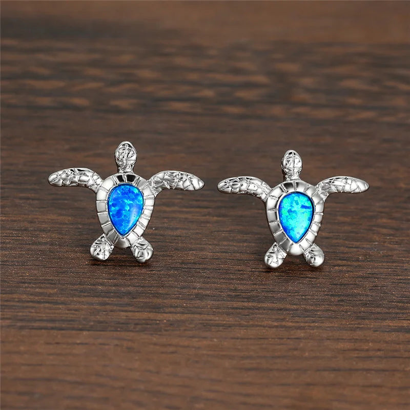 Cute Women Sea Turtle Long Drop Earrings Wedding Jewelry Accessories Fashion Blue Imitation Opal Pendant Earrings for Women