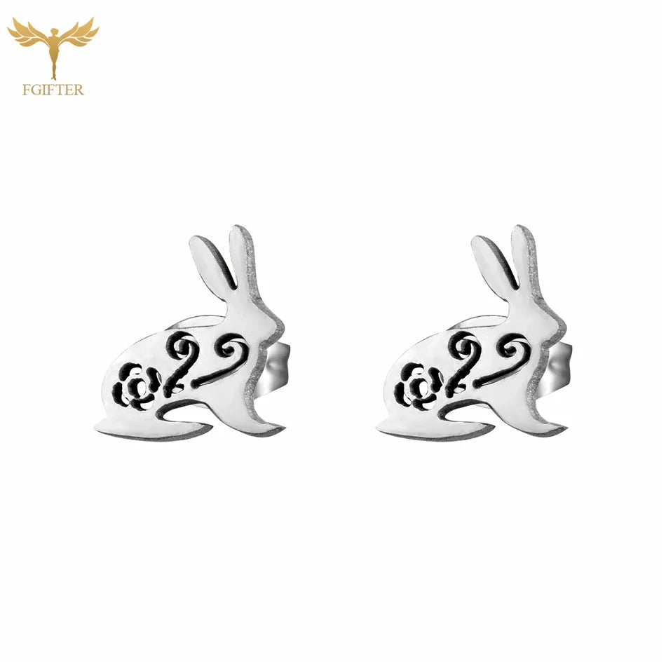Stainless Steel Animal Stud Earrings Sets Cute Rabbit Bunny Earrings Retro Hollow Pattern Aesthetic Design Girl Jewelry Gift
