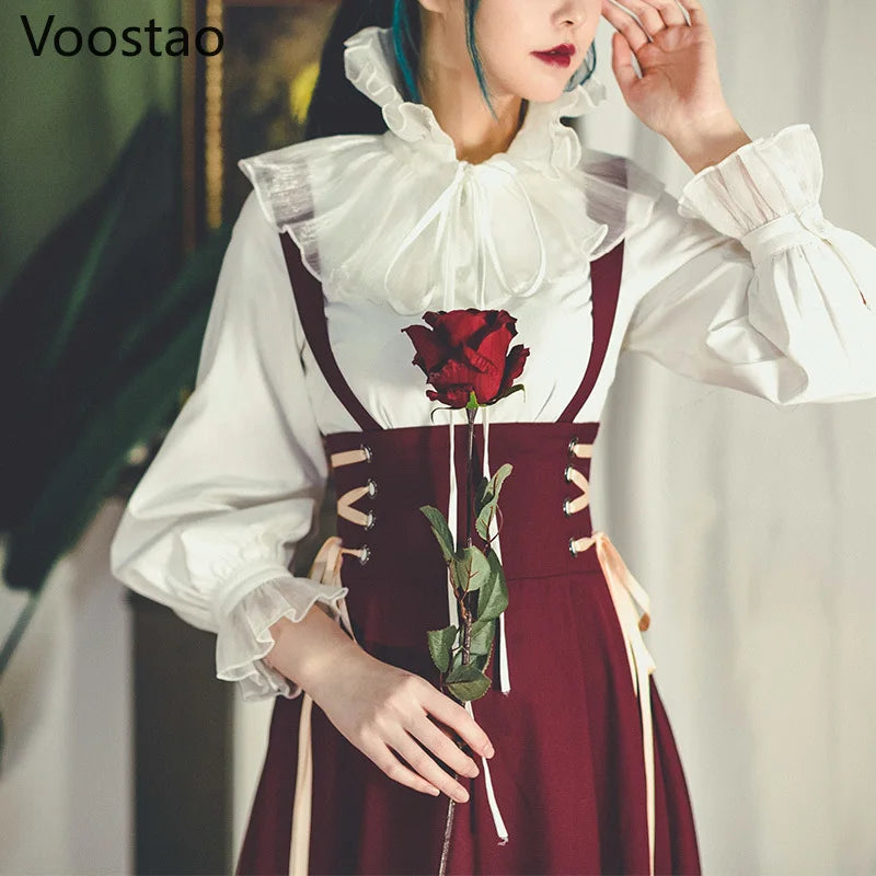Autumn French Style Vintage Women Two Piece Set Court White Stand Collar Blouse Shirt+High Waist Lace-up Suspender Dress Suits