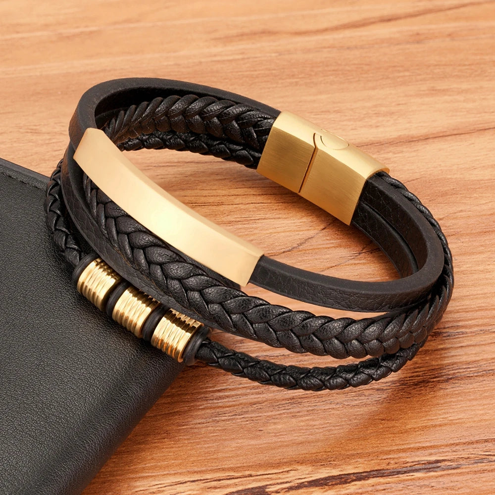 Bracelet TYO neuf en acier inoxydable noir multicouche en cuir véritable pour homme, fermoir magnétique, style vintage tressé