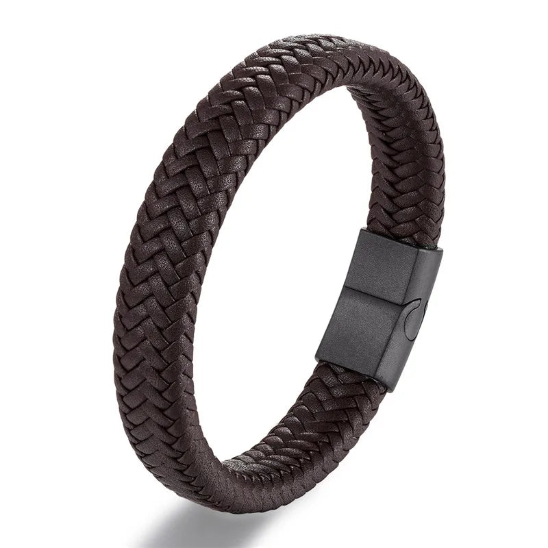 MKENDN Punk Style Leather Bracelet for Men Black Braided Woven Bangle with Magnetic Clasp Stainless Steel Jewelry Gift for Him