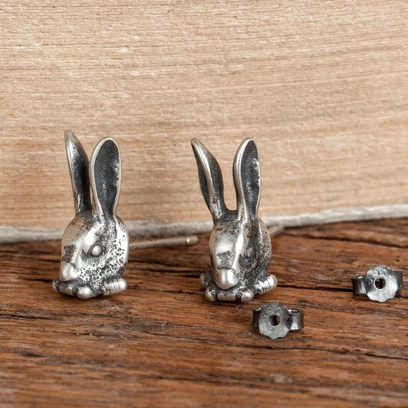 MKENDN Punk Vintage 100% 925 Sterling SIlver Animal Style Rabbit Stud Earring Men Women Gothic Dark Jewelry