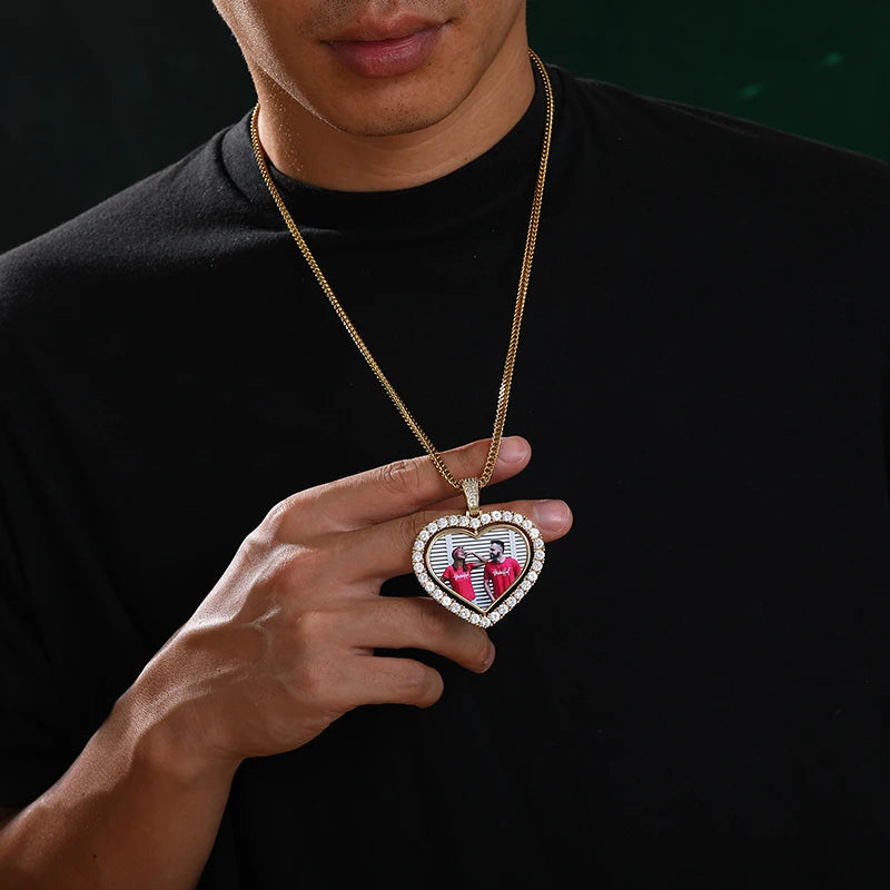 Pendentif en cuivre et zircon cubique sur mesure, médaillon souvenir, pendentif cœur photo double face, collier pour homme, bijou hip-hop