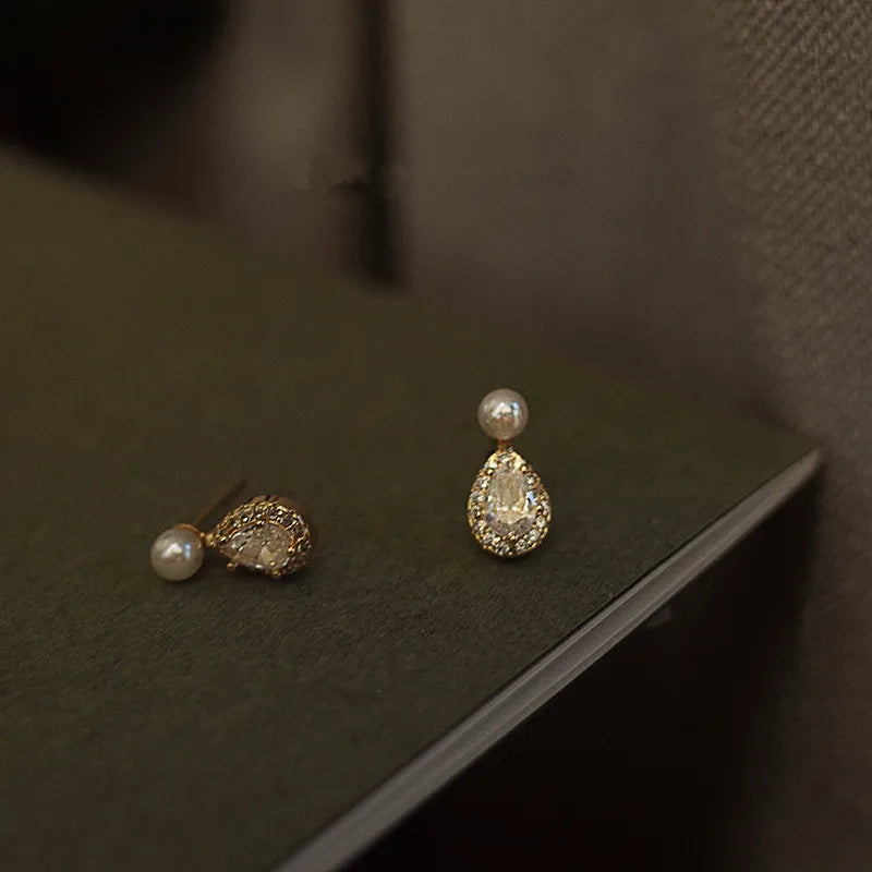 Boucles d'oreilles à tige en argent sterling S925 plaqué or 14 carats avec perles et zircons brillants en forme de goutte d'eau, bijoux de mariage pour femmes