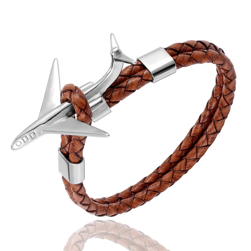 MKENDN Fashion Retro Leather Bracelet Stainless Steel Airplane Anchor Bracelets Men Women Summer Style Wrap Metal Sport Hook