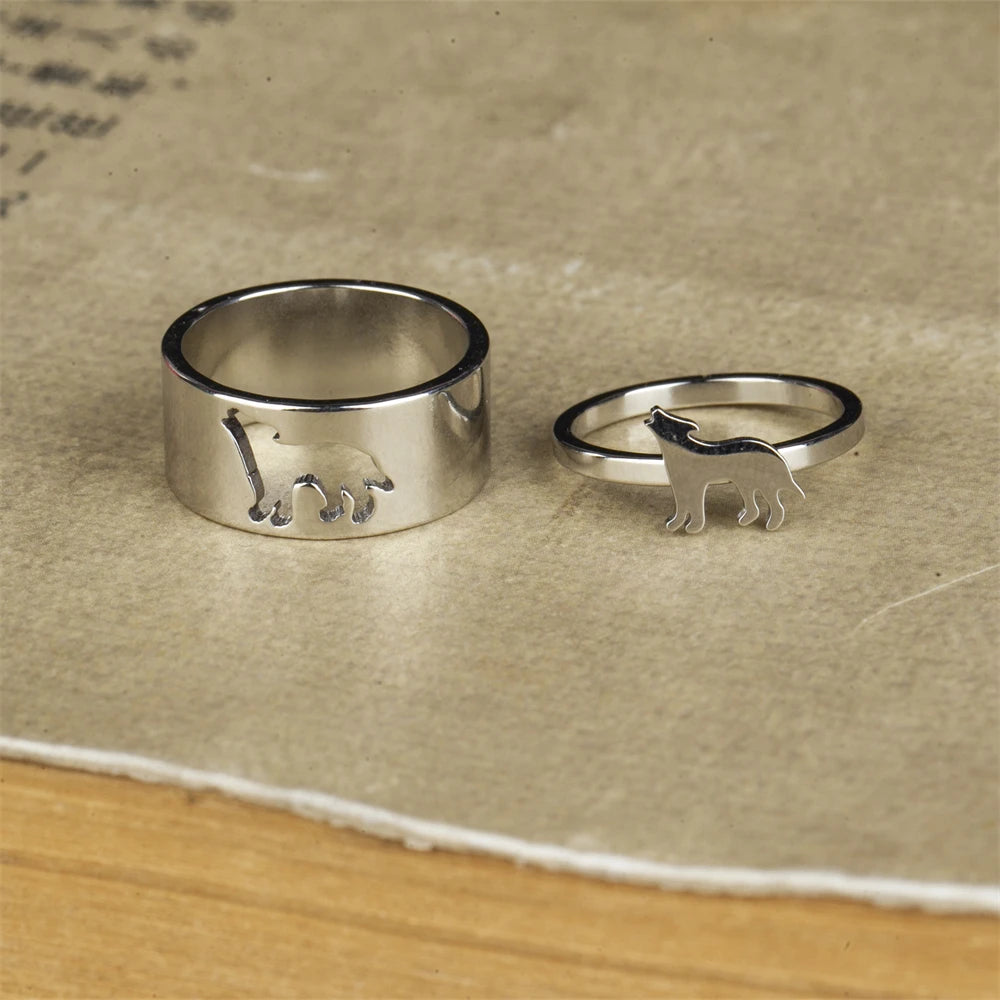 MKENDN Ring-Set mit Tierfußabdruck, Schlangenpaar, für Damen und Herren, Wolf, Fuchs, Geweih, Vogel, silberfarbener Ring, Geschenk für Taufe oder Ostern